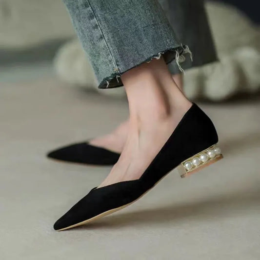 Women's Summer Footwear Pearl Pointed Toe Shoes for Woman White Moccasins Low Heel Elegant on Offer E Fashion Korean Style