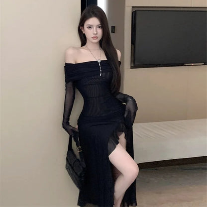 Women Black Sexy Long Dress Off Shoulder Elegant Irregular Ruffles Split Evening Party Dresses Bodycon Gothic Lace Dress