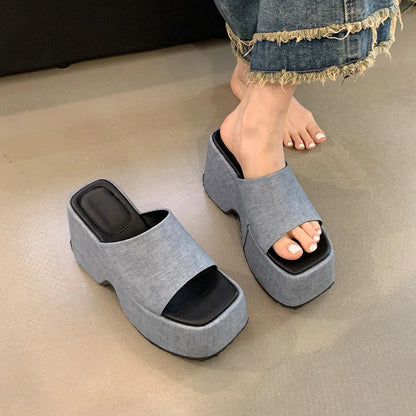 binfenxie  -  11cm Chunky Heeled Sandals Blue Denim Platform Wedges Shoes For Women Casual High Heels Slippers Zapatos Mujer Size 34-42