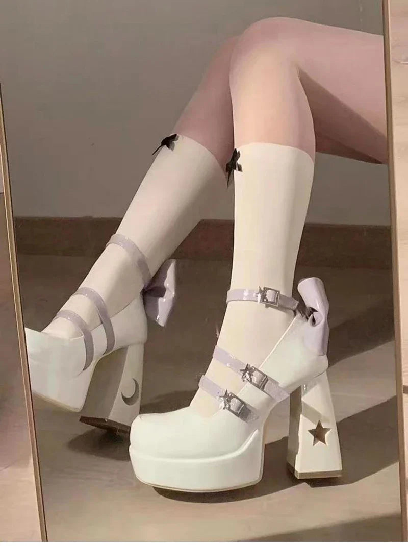 Futurecen Pumps Lolita Shoes Platform Mary Jane Shoes Star Buckle Strap Women Cross-tied Pu Leather Girls Rivet Casual Shoes kawaii