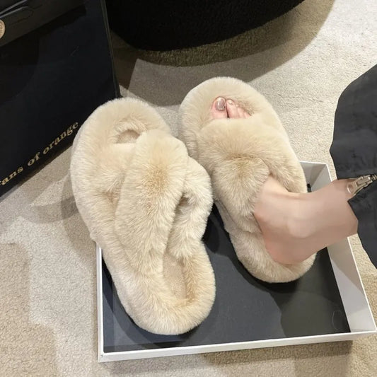 Fashion Women Faux Fur Slides Platform Flat Chunky Heel Fluffy Furry Slippers Winter Footwear Comfortable Ladies Shoes Female