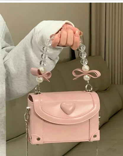 binfenxie Sweet Pink Messenger Bag Women Fairycore Aesthetic Handle Pearl Chain Crossbody Bags Ladies Harajuku Heart Y2k Hand Bag