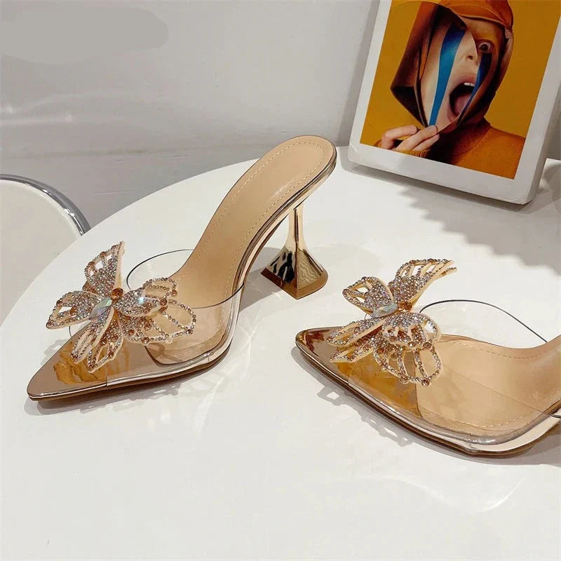 Futurecen Fashion Style Crystal Bowknot Women Slippers Sexy Pointed Toe Strange Heels PVC Transparent Pumps Sandals Slides Shoes