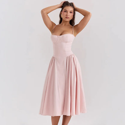 Elegant Dress for Summer Pink Spaghetti Strap Midi Dress with Pocket Long Party Dresses Holiday Women Clothing