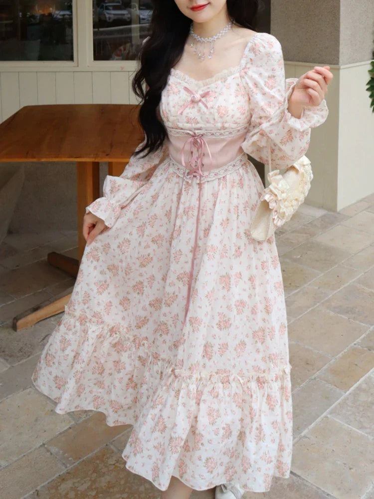 binfenxie Spring Pink Floral Elegant Dress Women Bandage Lace Print Sweet Vintage Dress Puff Sleeve Kawaii Dress Women Princess Fairy