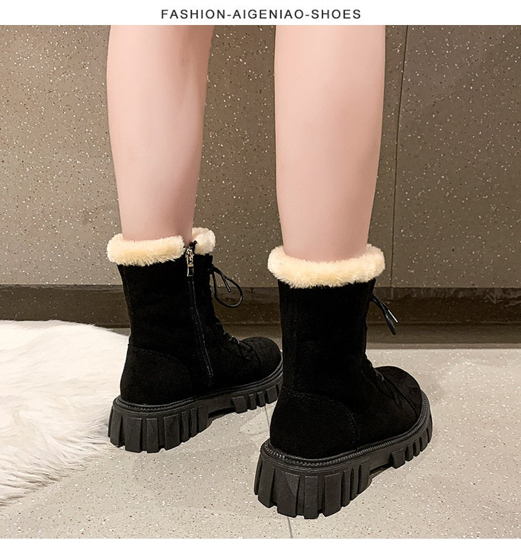 Winter Boots Lady Boots-Women Lace Up Australia Female Shoes Luxury Designer Round Toe Mid-Calf Snow Fashion Rubber Mid Cal