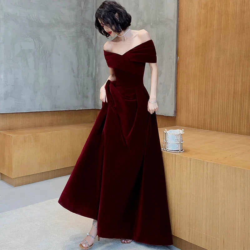 Lautaro Spring Long Luxury Elegant Wine Red Soft Velvet Evening Party Wedding Dresses for Women  Off Shoulder Maxi Dress