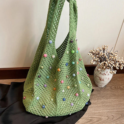 binfenxie Woven Beaded Casual Women's Shoulder Bag New Fashionable and Versatile Large Capacity Tote Bag Shopping Handbag