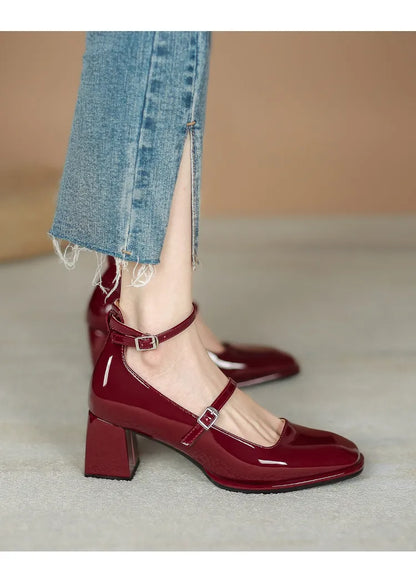 Women heels Shoes Mary Jane Shoes Woman Pumps Patent Leather High Heels Dress Shoes Red Wedding Shoes Spring  Double Buckle