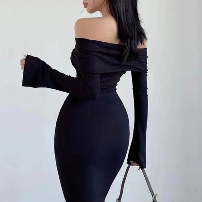 binfenxie Long Dress Y2K Long Sleeve Dress Women Clothes Off Shoulder Maxi Dress Autumn Winter Streetwear Bodycon Trumpet Black Dress