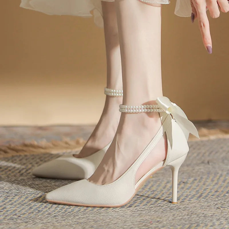 Elegant Ladies White Pearls Ankle Strap Pumps for Wedding Women Silk Back Bowtie High Stiletto Heeled Shoes Woman Spring