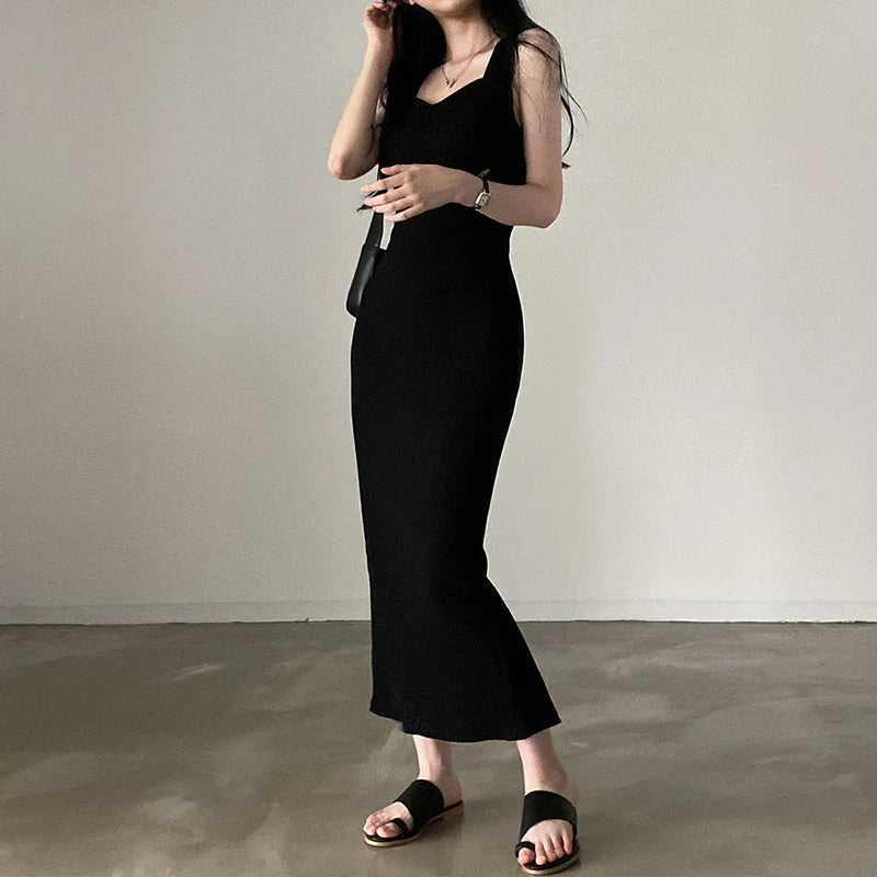 binfenxie Basic Knit Long Dress Korean Fashion Square Collar Sleeveless Women's Dresses Summer Casual Y2k Vintage All-match Outftis