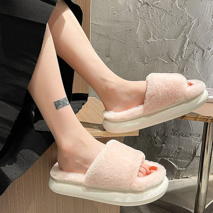 Fluffy Fur Home Slippers Women Winter  Non-slip Indoor Floor Shoes Thick Bottom Home Cotton Furry Slippers Flip Flops