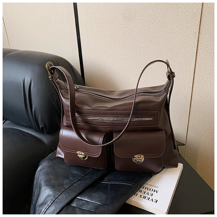 binfenxie Vintage Brown Shoulder Bag Women Retro Pu Leather Soft Pocket Casual Handbag Female Moto Biker Y2k Handbags Aesthetic