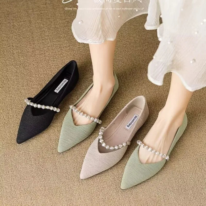 Women's Summer Footwear Pearl Pointed Toe Shoes for Woman White Moccasins Low Heel Elegant on Offer E Fashion Korean Style