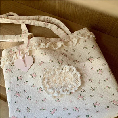 binfenxie Korean Ins Sweet Flower Print Shoulder Handbags Women All Match Canvas Underarm Bag Casual Y2k Aesthetic Tote Bags High-capacity