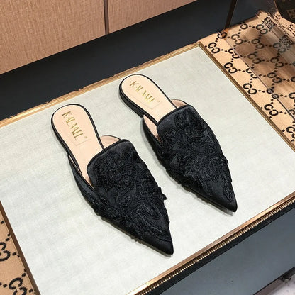 Fashion 3d Embroidery Mules Women Fur Slippers Velvet Shoes Ladies Low Heel Flower Decoration Sandals Women's Flip Flops 41 Size