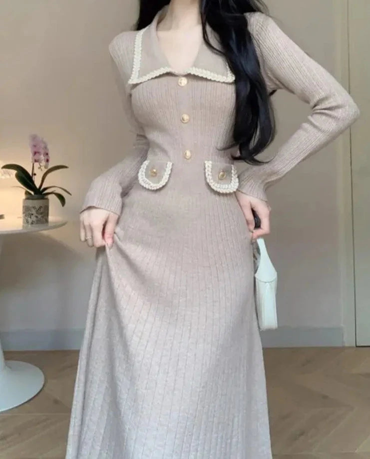 Autumn Winter Long Sleeve Knitting Midi Dress Women Fashion Turn Down Collar Button Sweater Clothes Female Soft Ribbed Jumper