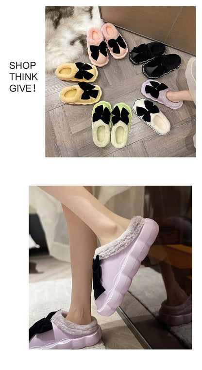 Med Fur Shoes Slippers Casual Slides Cover Toe Platform Slipers Women Butterfly-Knot Plush Luxury Flat 2022 Rome PU Fabric Fashi