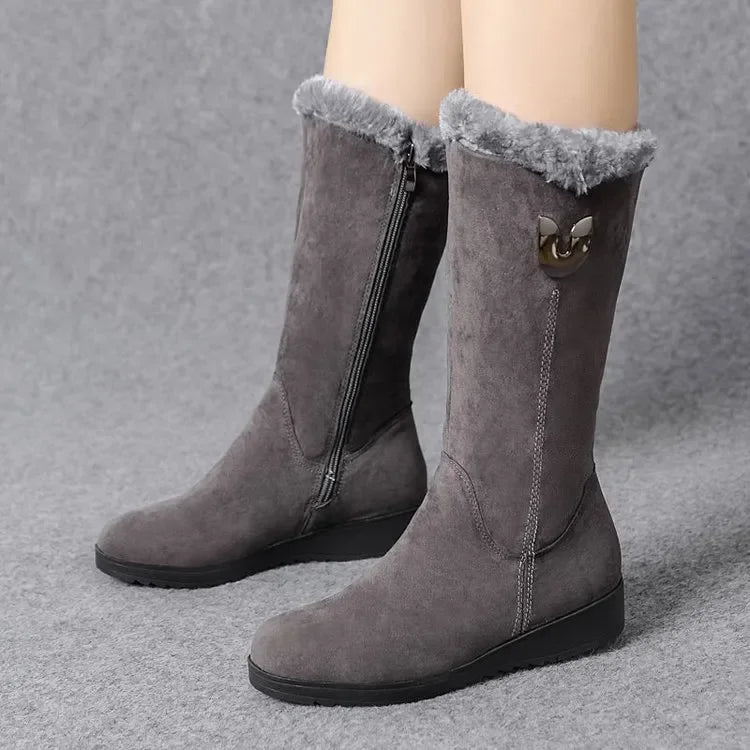 Winter Warm Chelsea High Fur Boots Women  Shoes for Women Chunky Mid-calf Plush Snow Flat Boots ZIP Fashion Botas Mujer