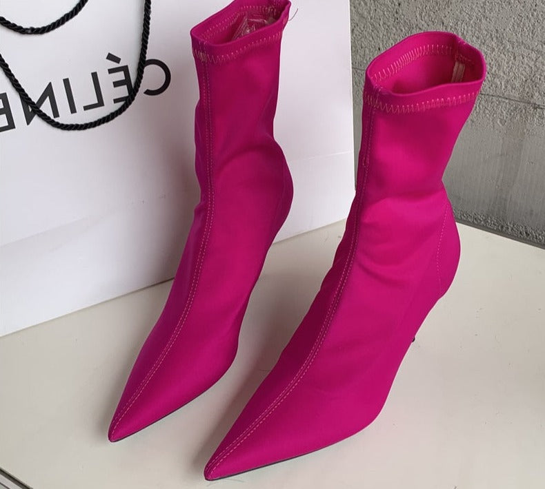 Spring Autumn Stretch Fabric Women Ankle Boots Sexy Pointed Toe High Heels Fashion Female Socks Pumps Shoes