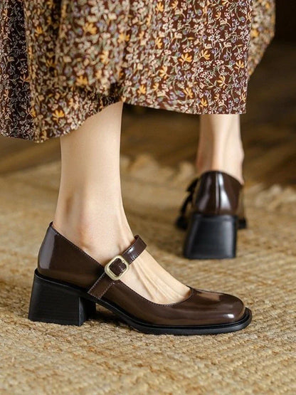 binfenxie  -   Autumn Solid Medium Heels Sandals Office Ladies Buckle Casual Korean Style Pumps Non Slip Soft Elegant Shoes Woman Vintage