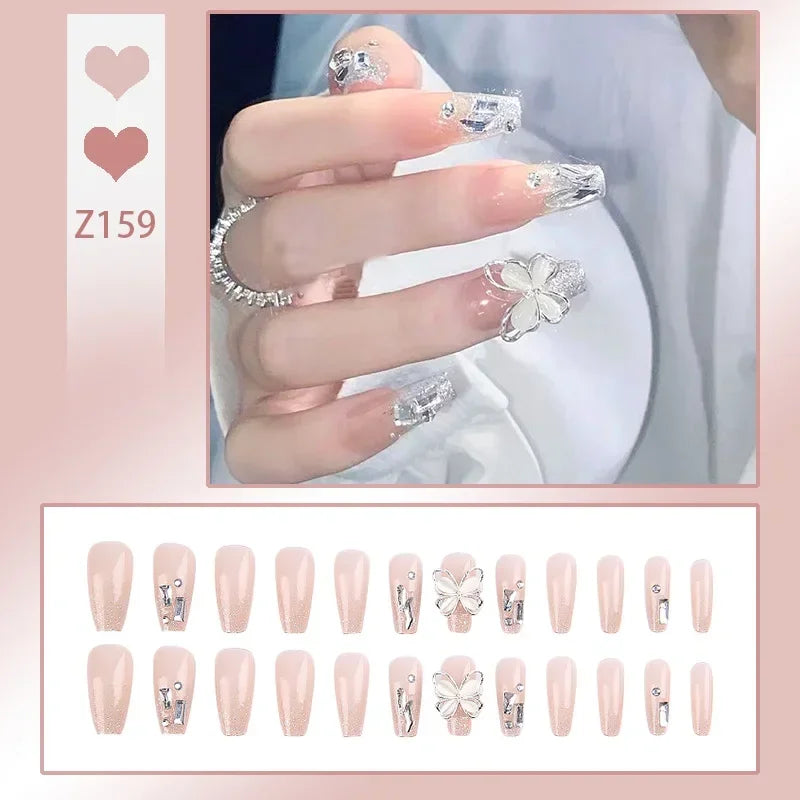 binfenxie 24pcs/box Fake Nails Press on Reusable with Designs Set French Artificial Aurora Diamond False Tipsy Stick-on Nails Tips Art