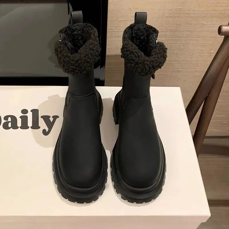 Keep Warm Winter Fur Ankle Boots Women  Fashion Short Plush Platform Boots Woman Thick Bottom Zipper Short Booties