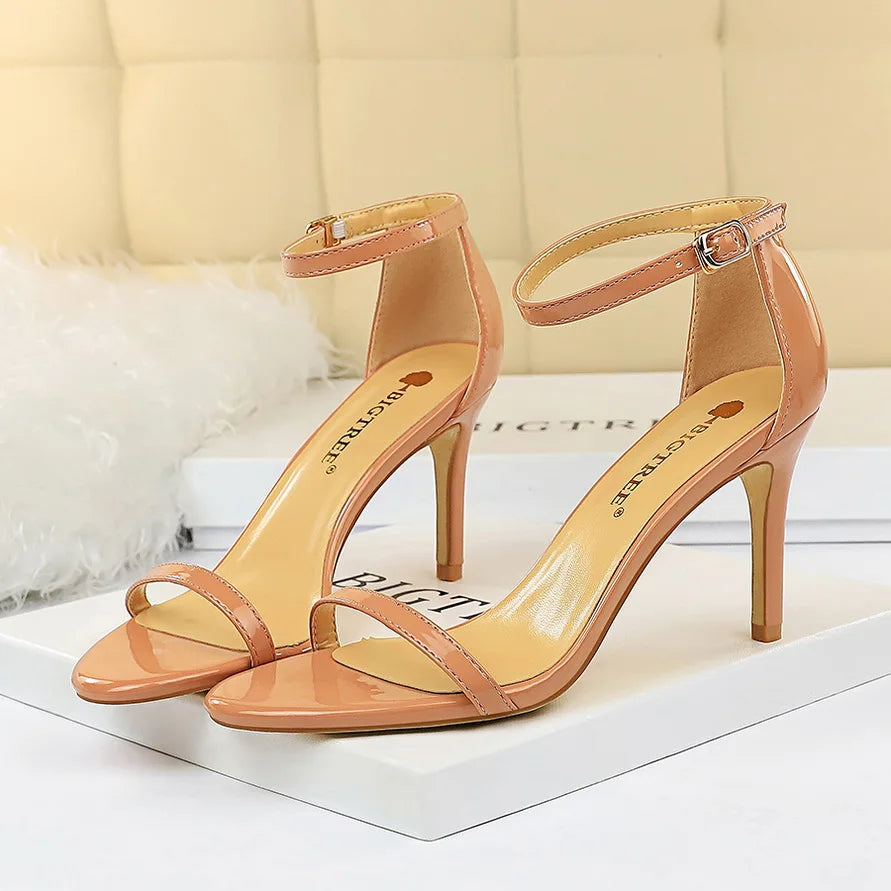 Women 8cm 11cm High Heels Fetish Sandals Gladiator Platform Strap Stripper Glossy Leather Pumps Lady Nude Low Heels Party Shoes