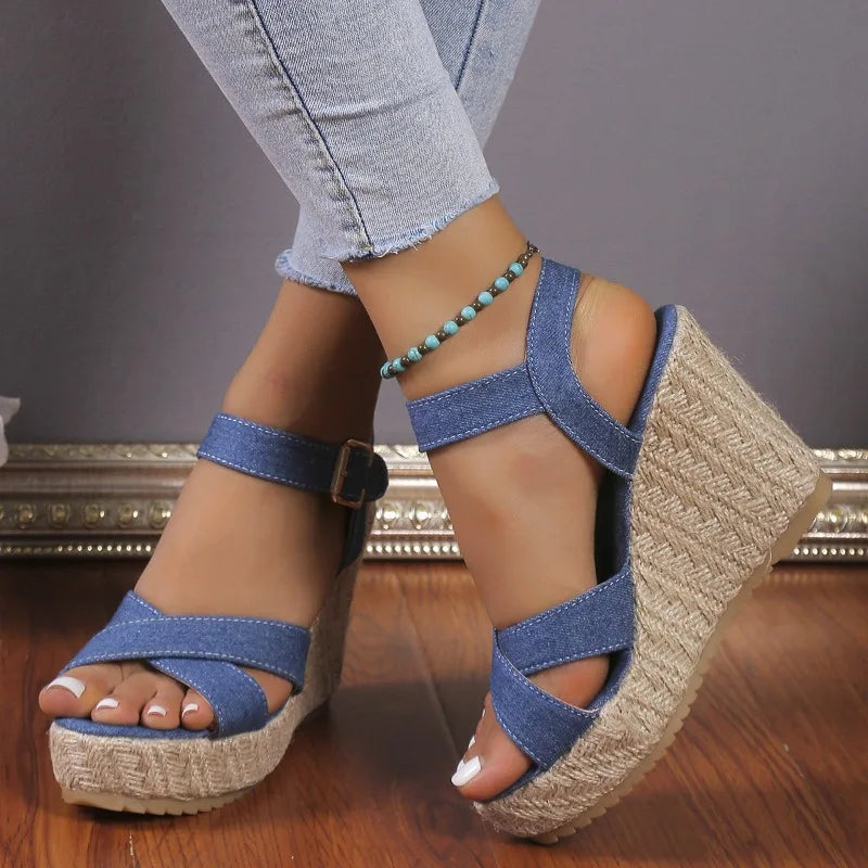 Women's Sandals Summer New Women's Shoes Fashion Denim Rope Wedge Sandals Women