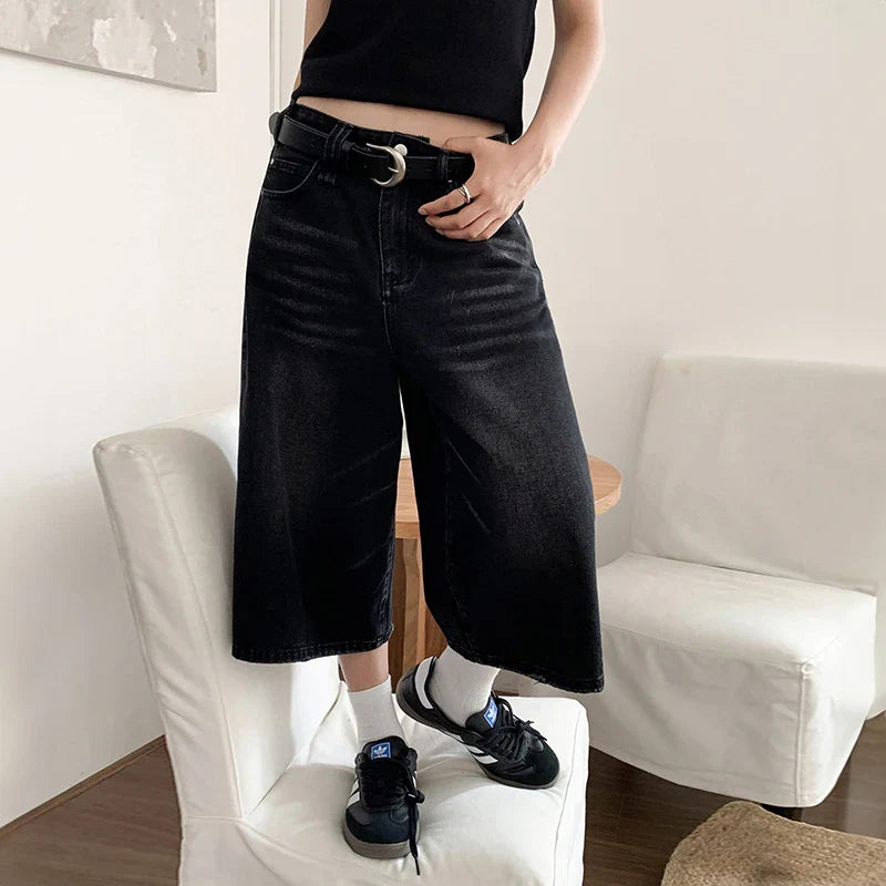 binfenxie Women Black Y2k Style Baggy Denim Shorts Wide Leg Short Pants Fashion High Waisted Dark Wash Knee Length Jeans Female Casual