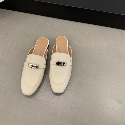 Women Flat Slippers New Fashion Metal Chain Close Toe Mule Shoes Slip On Casual Loafers Brand Slides Flip Flops