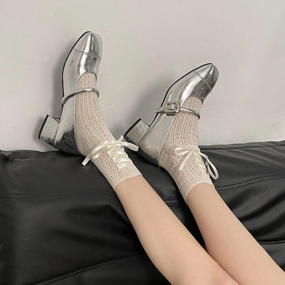 Women Mary Jane Shoes Fashion Eelgant Shallow Buckle Ladies Thick Heel Shoes Comfort Dress Silvery Pumps