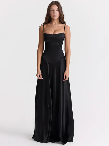 Lace-up Satin Maxi Slipdress Women Black Spaghetti Strap Sleeveless Backless Maxi Dress Femme Club Party Evening Dress