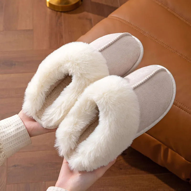 Winter Fur Slippers Women Faux Suede Fluffy Furry Home Slides Woman Comfort Non Slip Indoor Floor Cotton Shoes 45