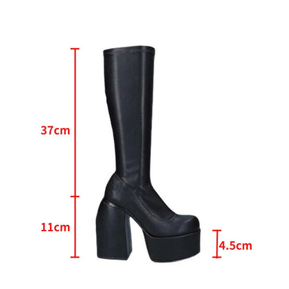 PU Leather Over-the-Knee Boots Women Punk Shoes Platform High-Heel Boots Chunky Motorcycle Black Autumn Mid-Calf Winter