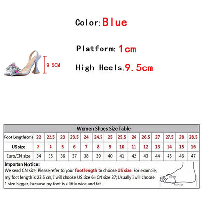 Futurecen  Fashion Design Gem Bowknot Women Pumps Sexy Pointed Toe Blue Denim Strange High Heels Shoes Ladies PVC Transparent Sandal