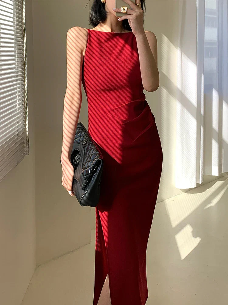 New Women Summer Spaghetti Strap Midi Dress Ladies Sleeveless Sexy Elegant Party Clothes Female Prom Dress