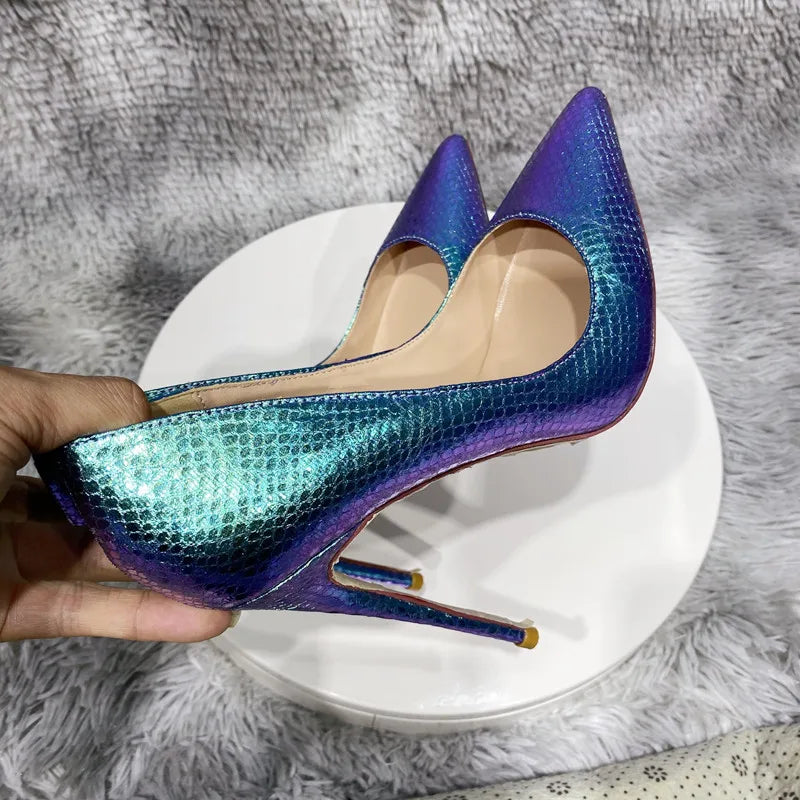 Futurecen Shiny Blue Snakeskin Pattern Women Sexy Pointed Toe Slip On Stiletto Pumps Sparkly Party Night Club High Heel Shoes