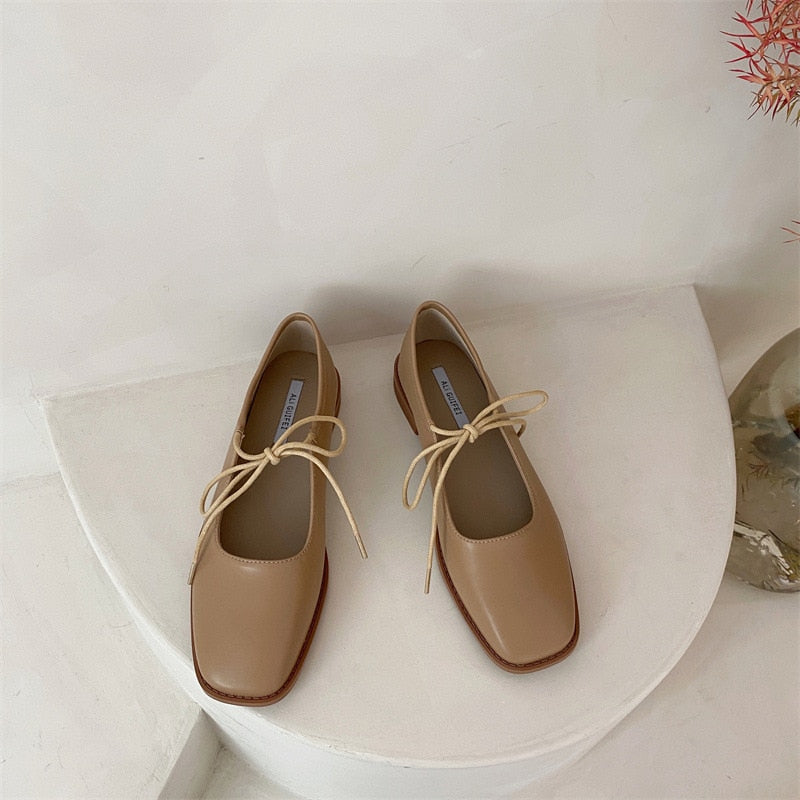 Designer Women Loafers Single Leahter Shoes Fashion Lace Up Female Round Toe Shallow Flats Elegant Woman Footwear