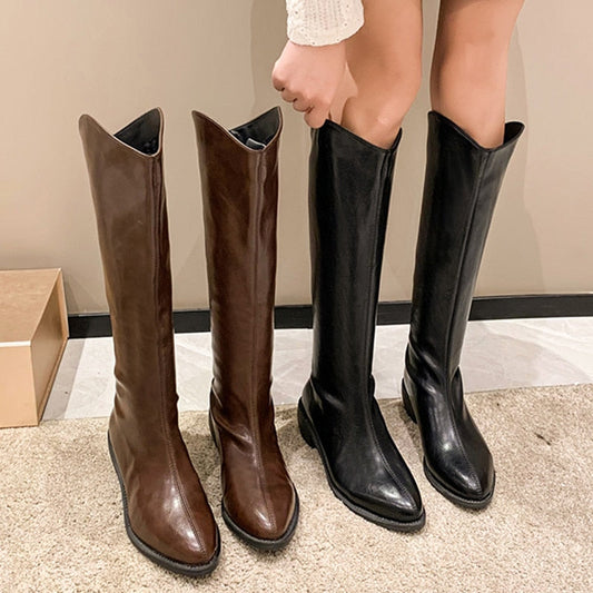 Autumn Winter Cowboy Western Boots Women  Fashion Pointed Toe Thick Heels Knee High Botas Woman Zipper Pu Leather Long Boots