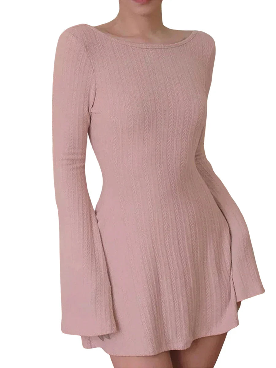 binfenxie Solid Color Ribbed Knit Sweater Dress with A-Line Swing Silhouette - Casual Long Sleeve Crewneck Bodycon Short Dress