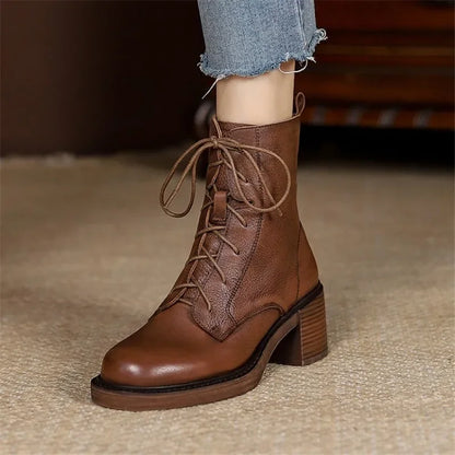 Winter Genuine Leather Women Boots Round Toe Thick Heel Lace Up Fashion Ankle Boots Retro Boots  Platform Shoes Heels Grown