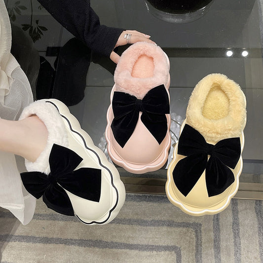 Med Fur Shoes Slippers Casual Slides Cover Toe Platform Slipers Women Butterfly-Knot Plush Luxury Flat 2022 Rome PU Fabric Fashi