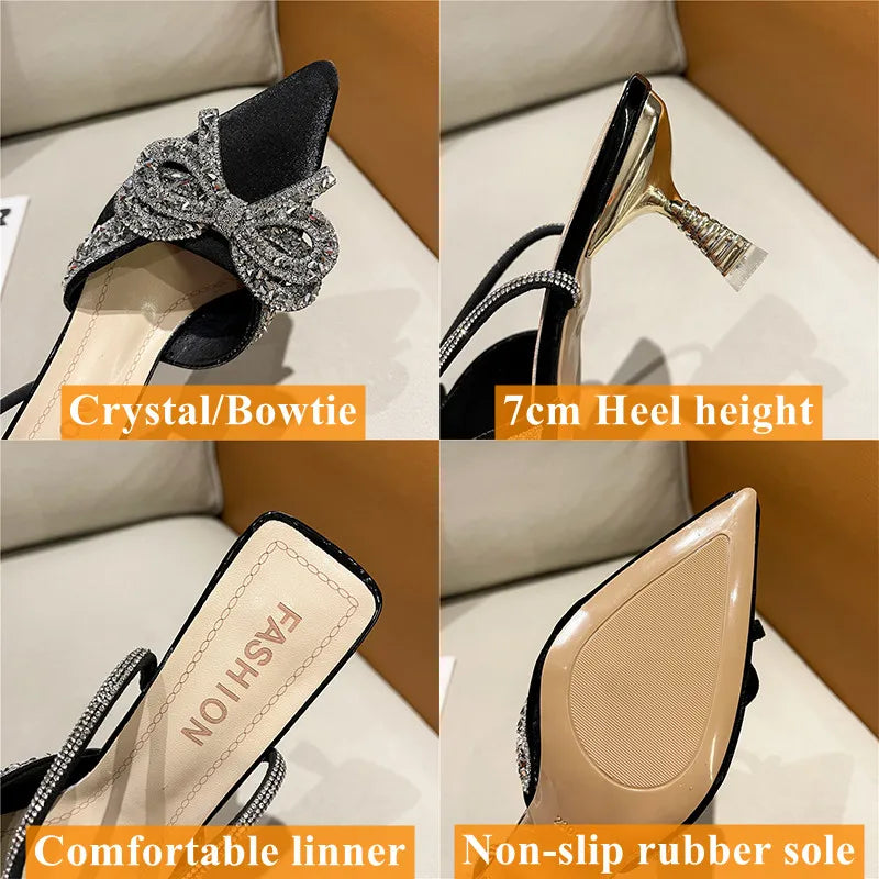 Shiny Crystal Bowtie Pumps Women Fashion Ankle Strap High Heels Party Shoes Woman Summer Pointed Toe Sandals Mujer