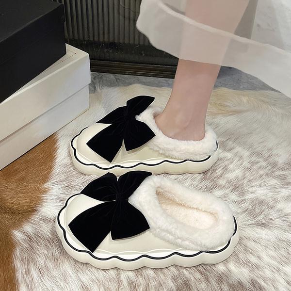 Med Fur Shoes Slippers Casual Slides Cover Toe Platform Slipers Women Butterfly-Knot Plush Luxury Flat 2022 Rome PU Fabric Fashi