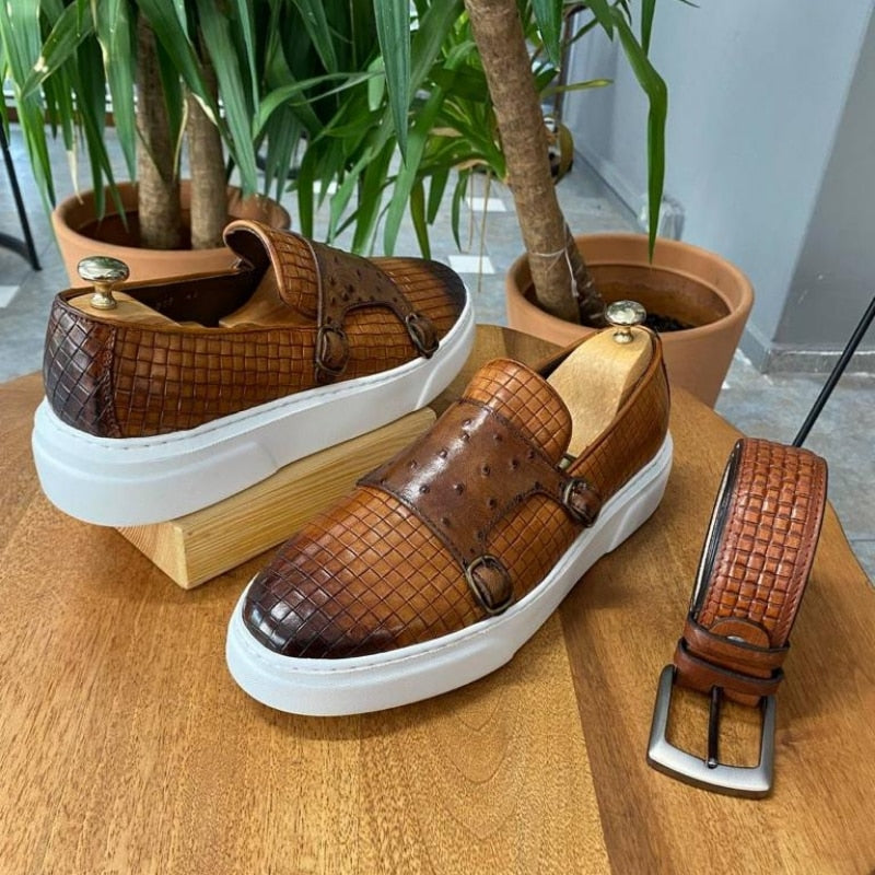 New Brown Men's Vulcanize Shoes Double Buckle Monk Shoes Black  Slip-On Lazy Shoes Handmade  Free Shipping Men Casual Shoes