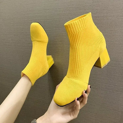 Booties Elastic Footwear White Heeled Very High Heels Short Shoes For Women Sock Female Ankle Boots With Young On Sale New In Pu