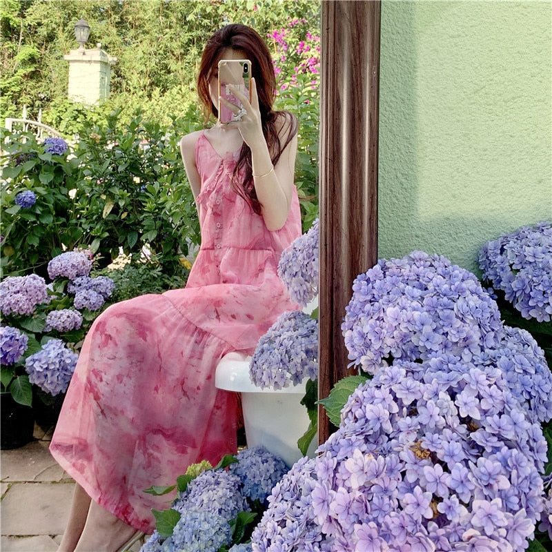 Summer Floral Strap Dress Women Elegant Pink Backless Long Formal Slip Dresses for Wedding Guest Bridesmaid Birthday Prom