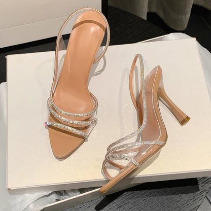 Futurecen Fashion Sandals Women Summer Sexy Slingback High Heels Rhinestones Elegant Pointed Toe Transparent PVC Party Pumps Shoes